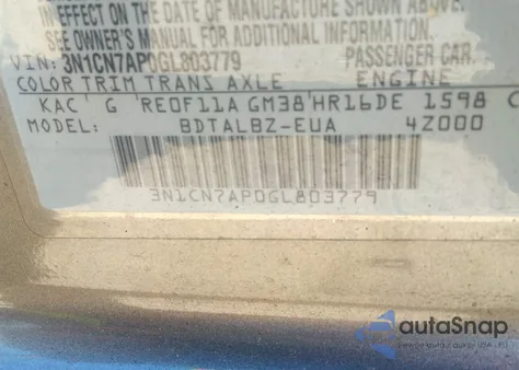 2016 Nissan Versa 1.6 S/1.6 S+/1.6 Sl/1.6 Sv из США, поврежденный, VIN 3N1CN7AP0GL803779